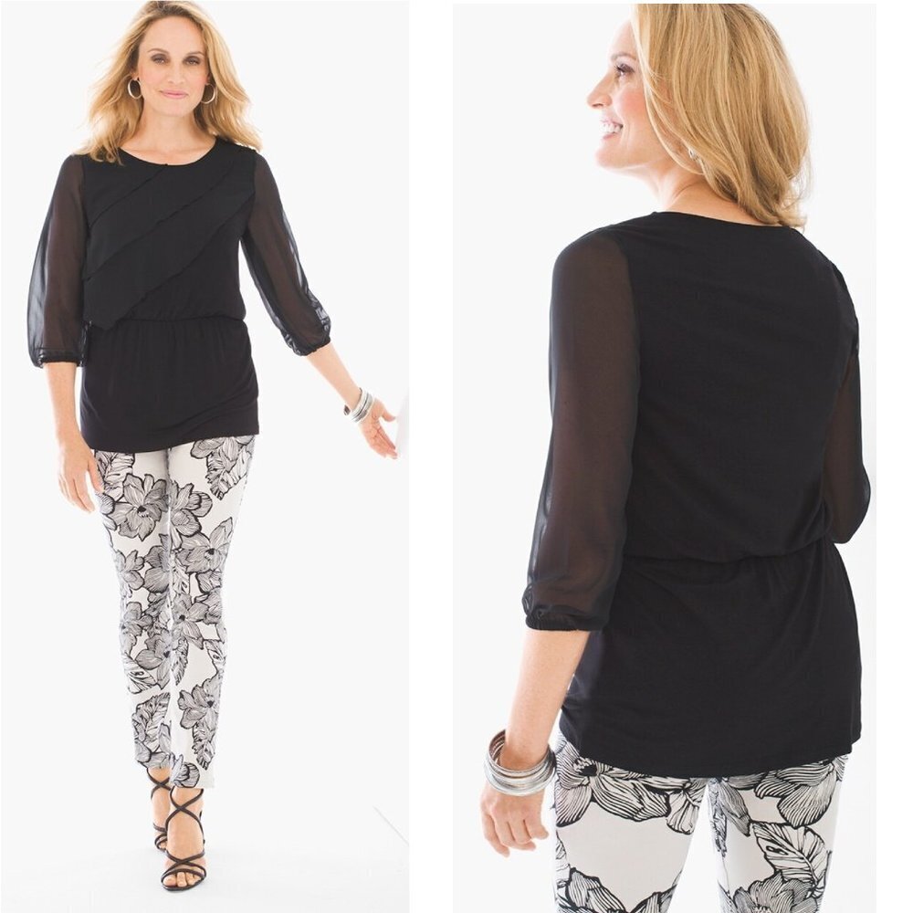 Chico's Knit Ruffle-Front Black Top Size 1 US M